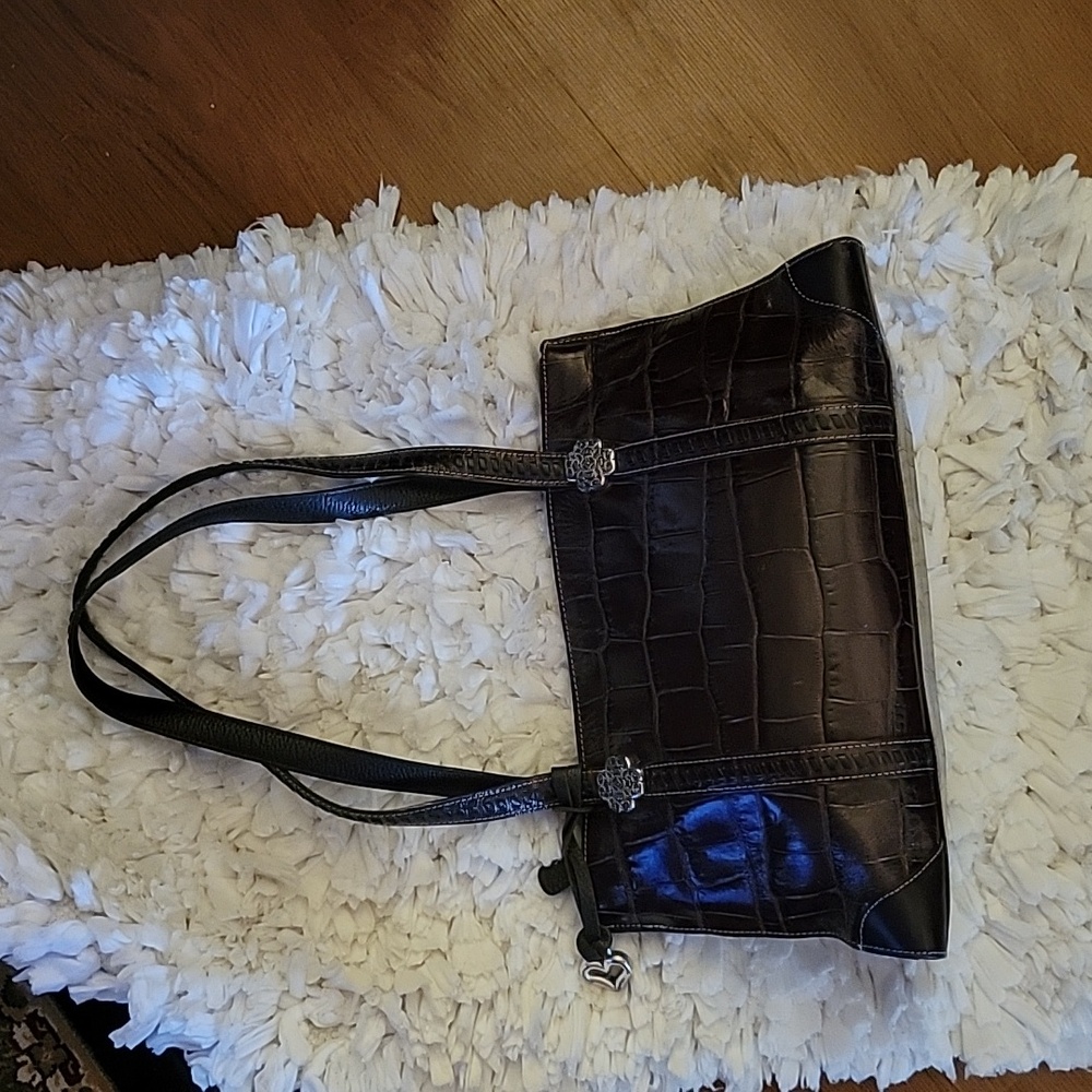 Brighton Authentic brown leather 2 handle shoulder bag silver hardware zip. EUC…